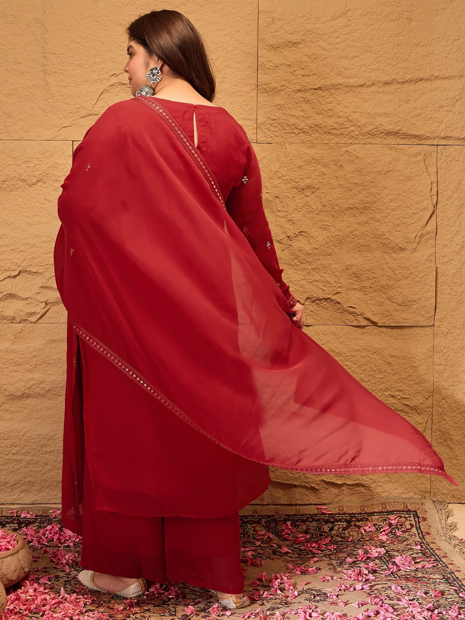 Ethnic Motifs Embroidered Sequinned Georgette Kurta with Trousers & Dupatta - ID