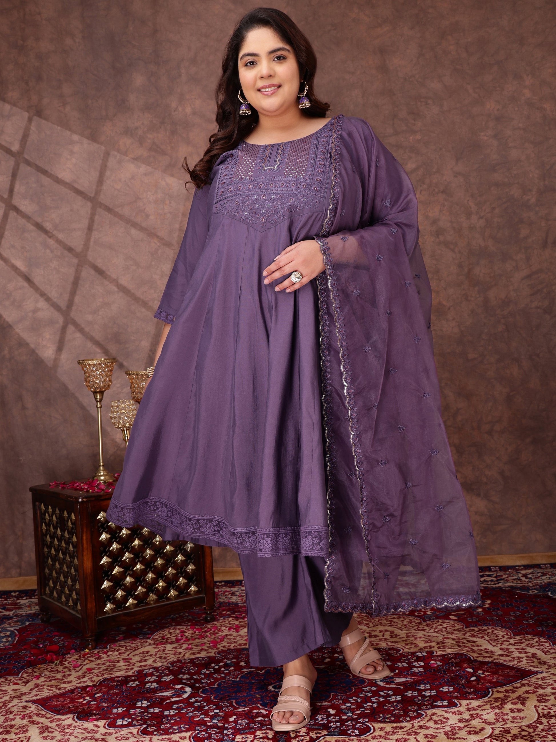 Floral Yoke Design Thread Work Anarkali Kurta With Palazzos & With Dupatta - ID