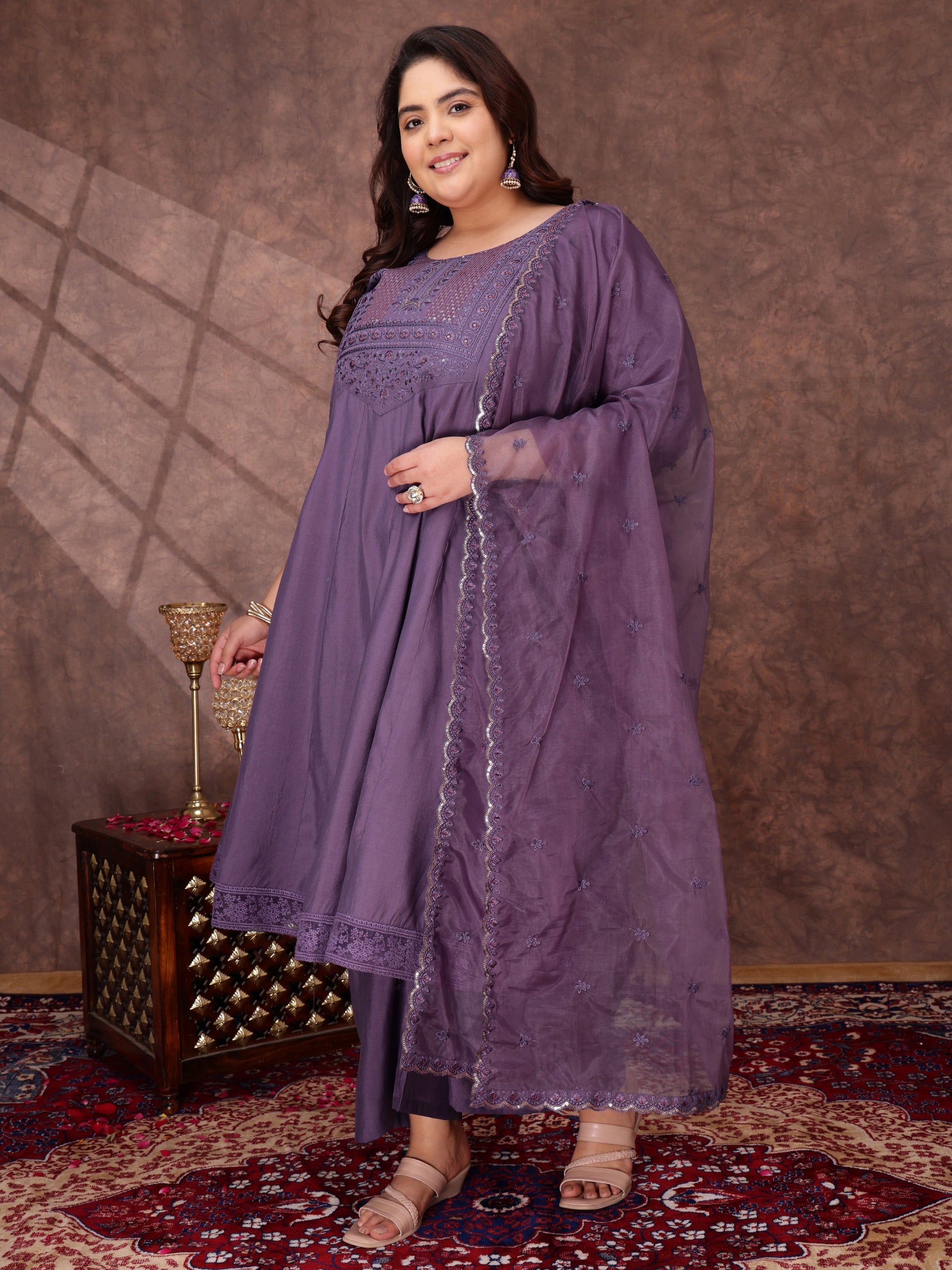 Floral Yoke Design Thread Work Anarkali Kurta With Palazzos & With Dupatta - ID