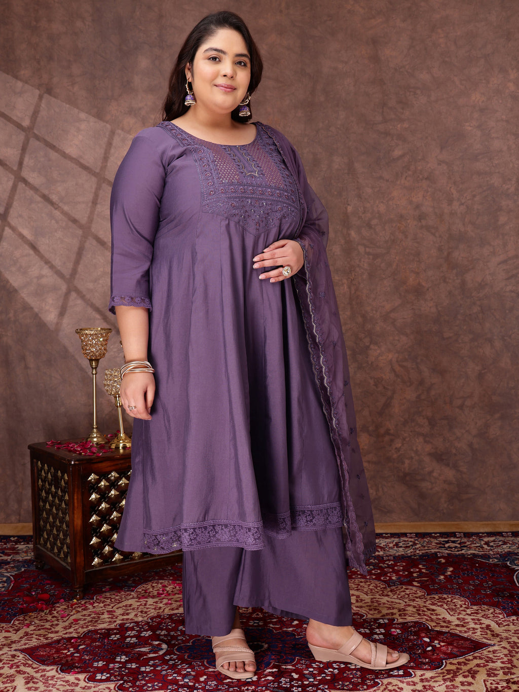 Floral Yoke Design Thread Work Anarkali Kurta With Palazzos & With Dupatta - ID