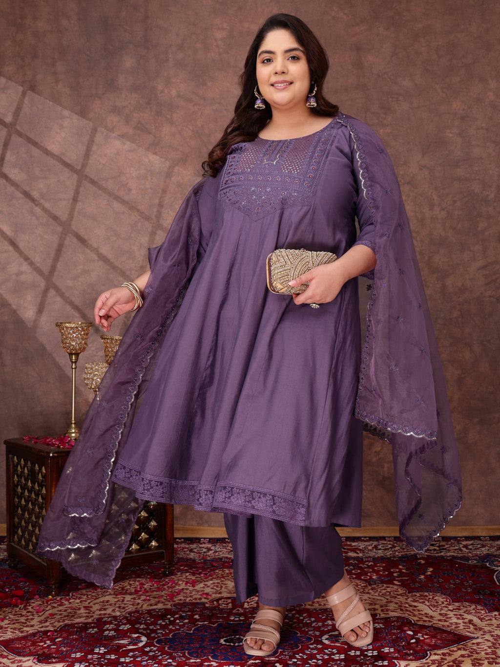 Floral Yoke Design Thread Work Anarkali Kurta With Palazzos & With Dupatta - ID