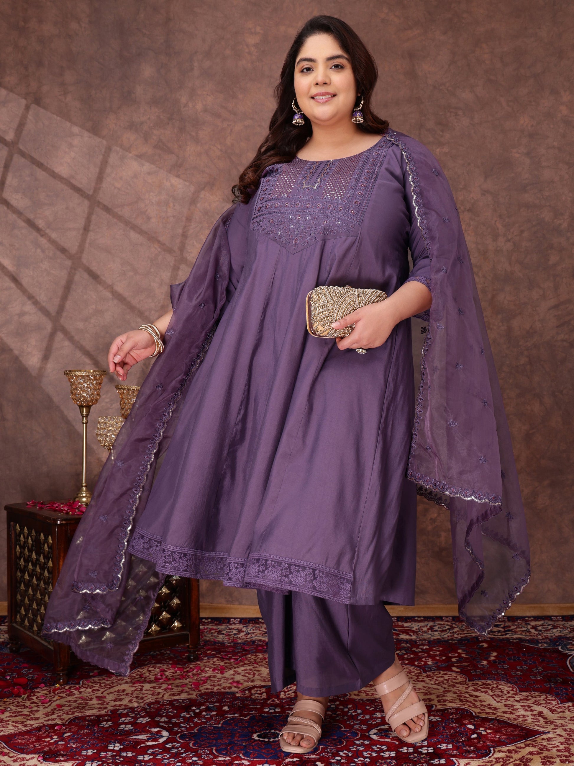 Floral Yoke Design Thread Work Anarkali Kurta With Palazzos & With Dupatta - ID