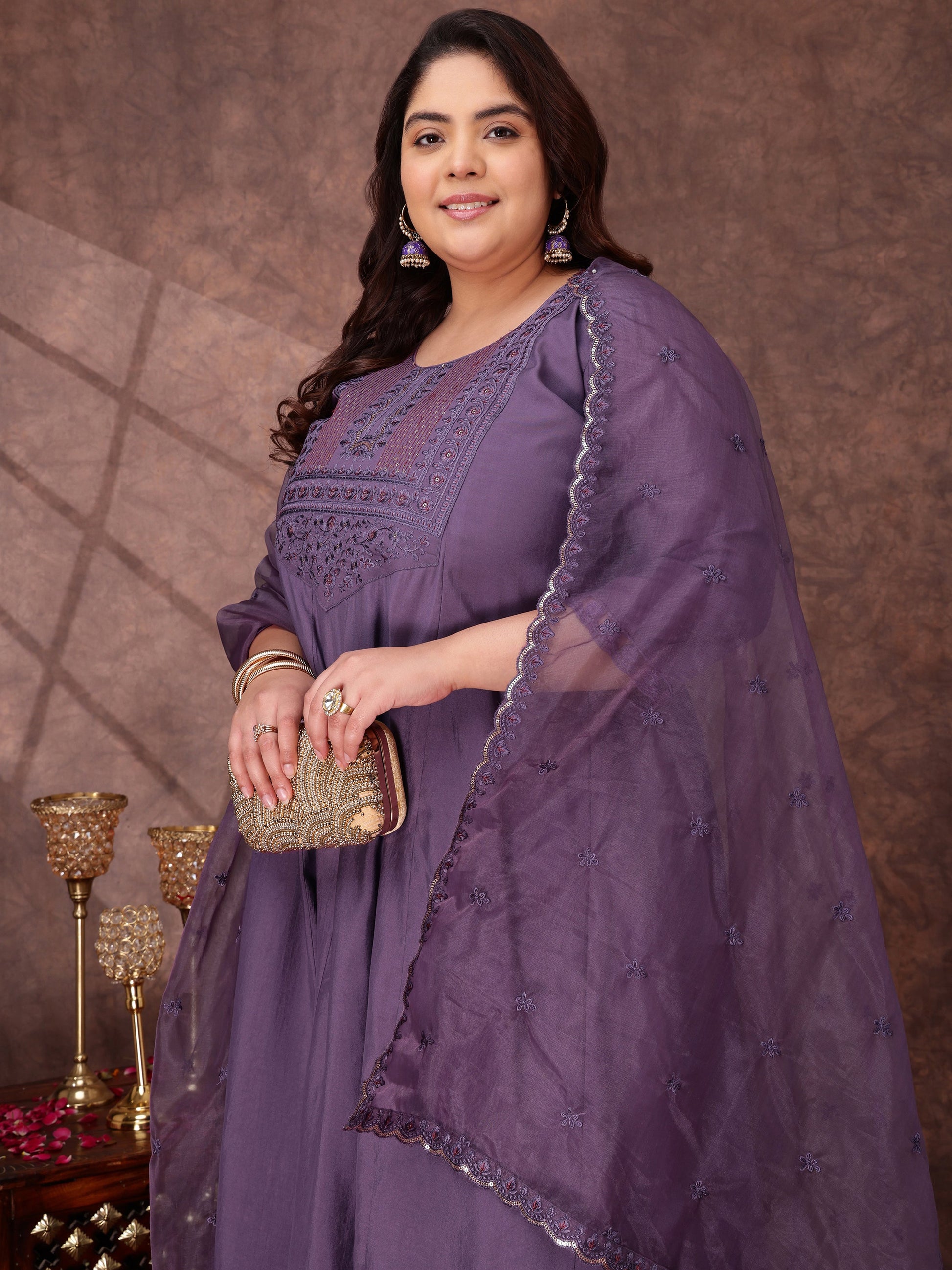 Floral Yoke Design Thread Work Anarkali Kurta With Palazzos & With Dupatta - ID