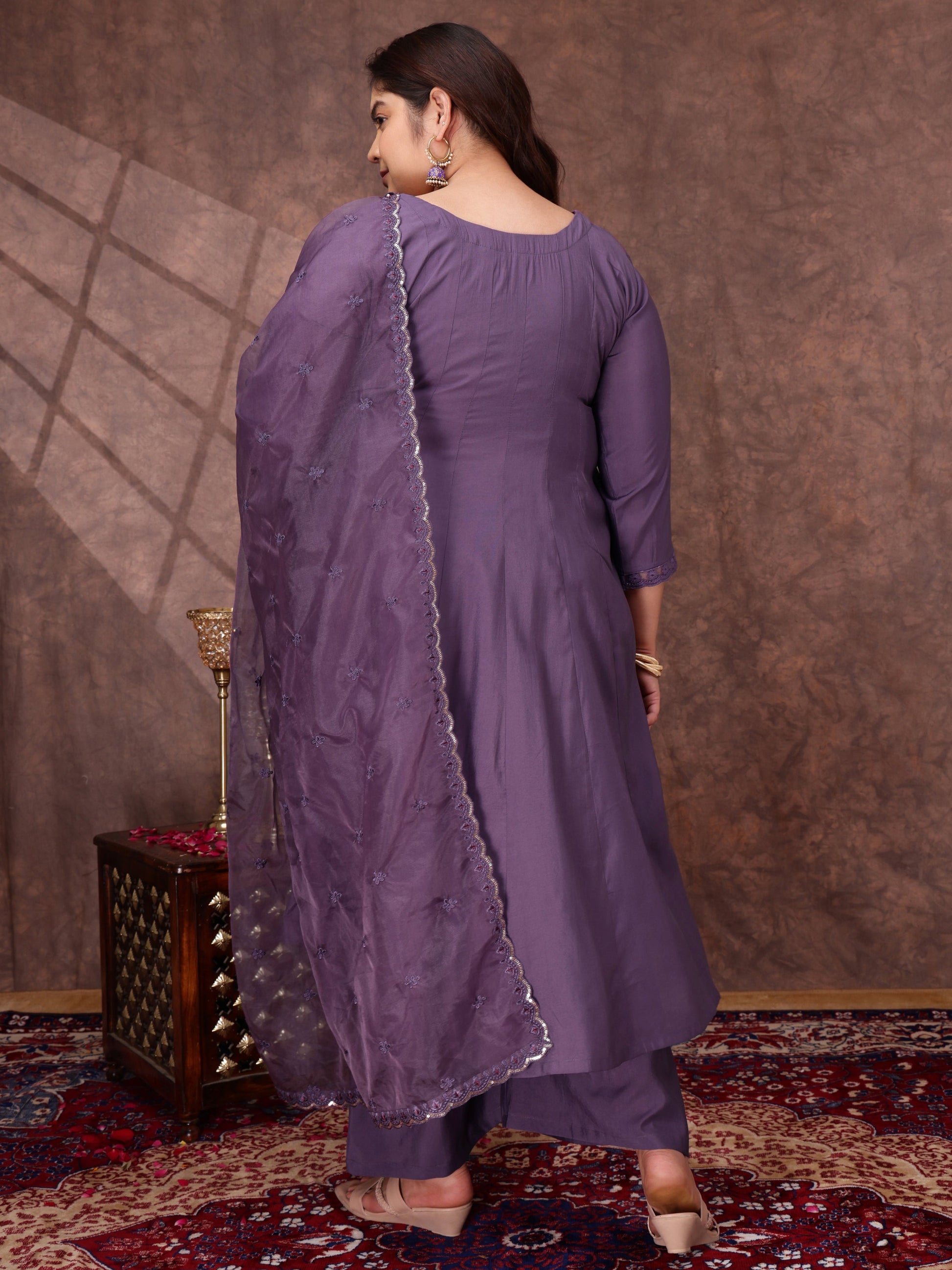 Floral Yoke Design Thread Work Anarkali Kurta With Palazzos & With Dupatta - ID