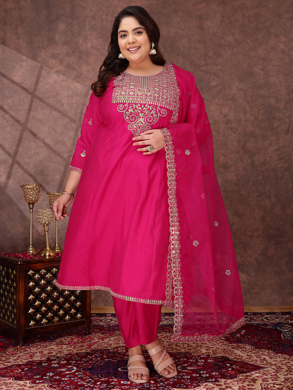 Floral Yoke Design Sequinned Anarkali Kurta With Palazzos & Dupatta - ID