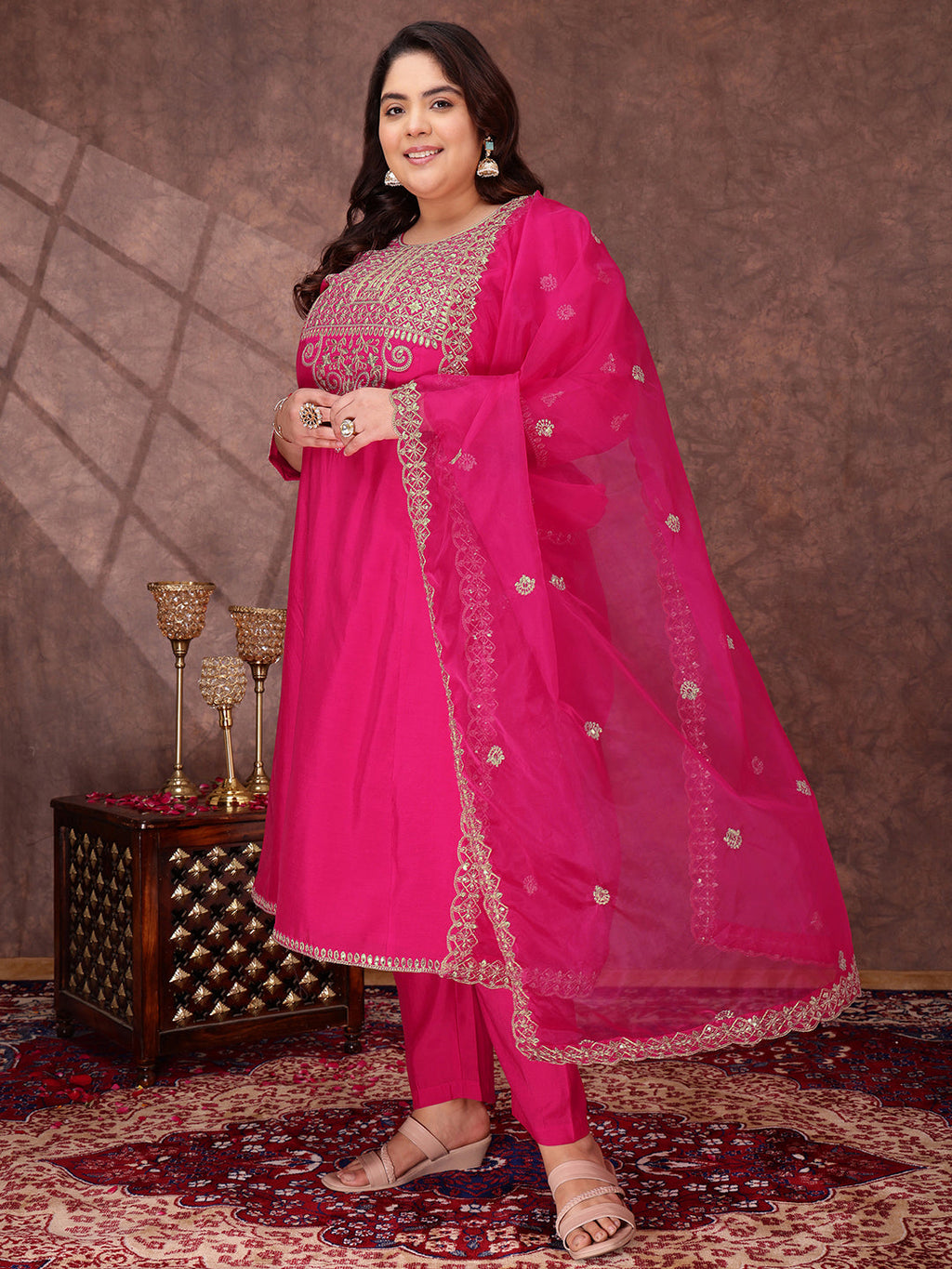 Floral Yoke Design Sequinned Anarkali Kurta With Palazzos & Dupatta - ID