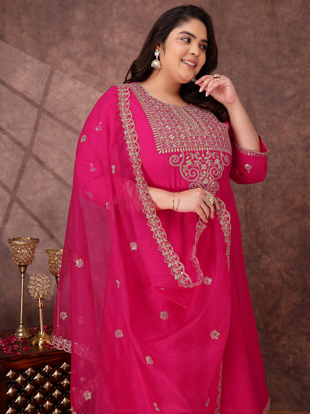 Floral Yoke Design Sequinned Anarkali Kurta With Palazzos & Dupatta - ID