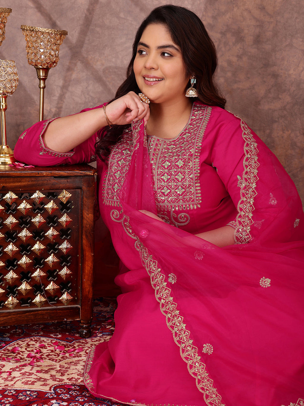 Floral Yoke Design Sequinned Anarkali Kurta With Palazzos & Dupatta - ID