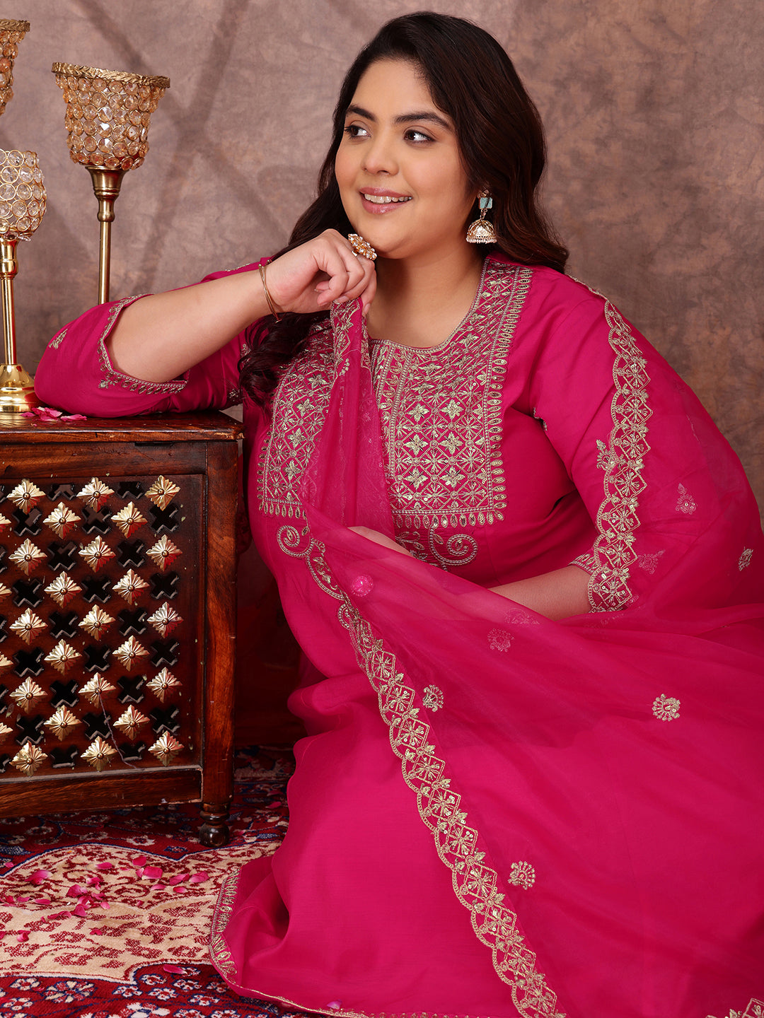 Floral Yoke Design Sequinned Anarkali Kurta With Palazzos & Dupatta - ID