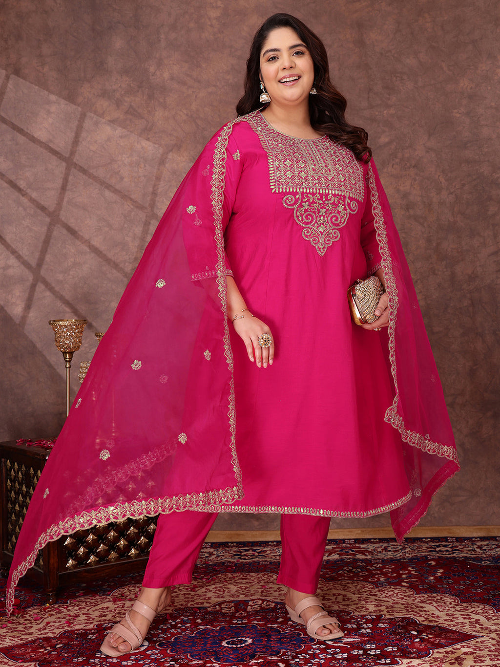 Floral Yoke Design Sequinned Anarkali Kurta With Palazzos & Dupatta - ID