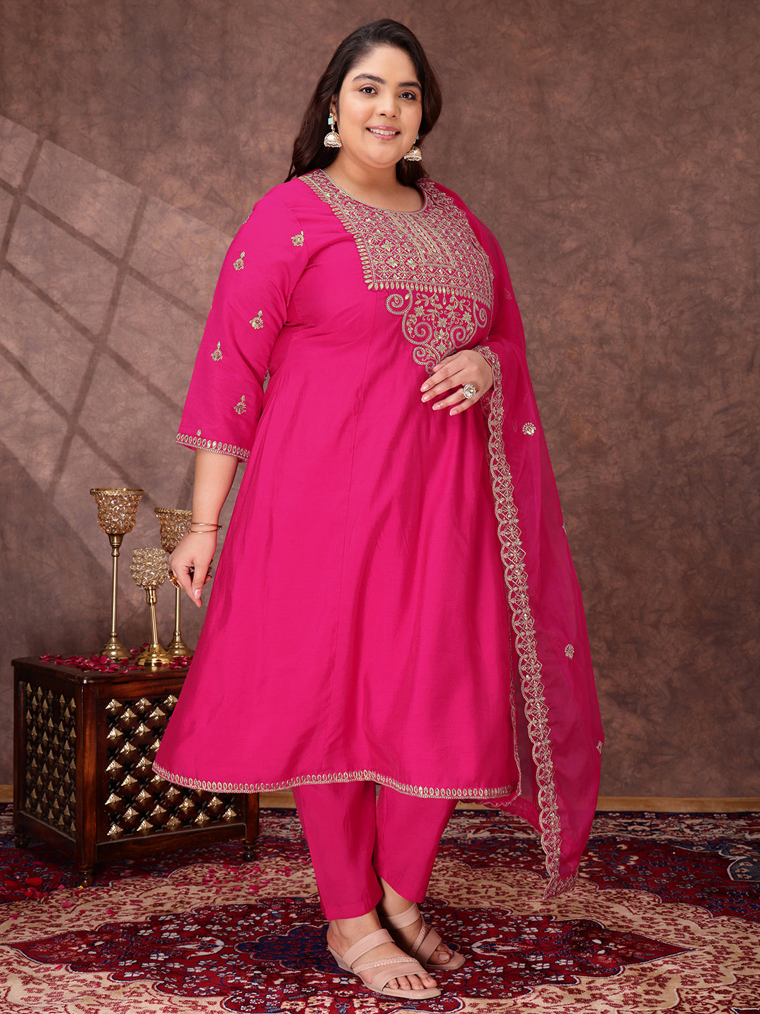 Floral Yoke Design Sequinned Anarkali Kurta With Palazzos & Dupatta - ID