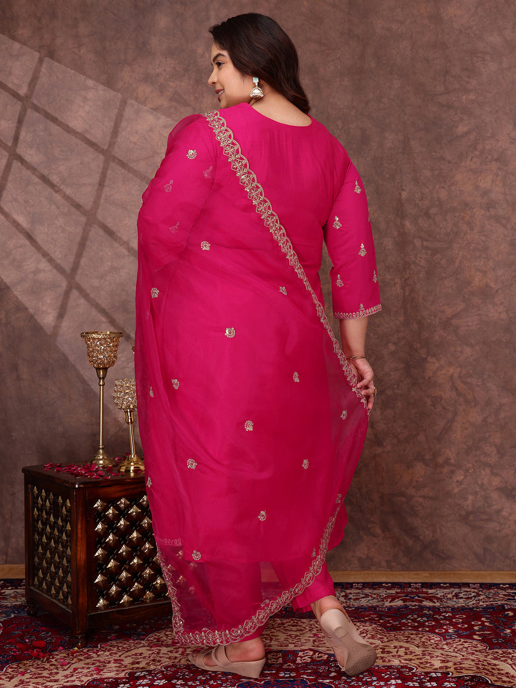 Floral Yoke Design Sequinned Anarkali Kurta With Palazzos & Dupatta - ID