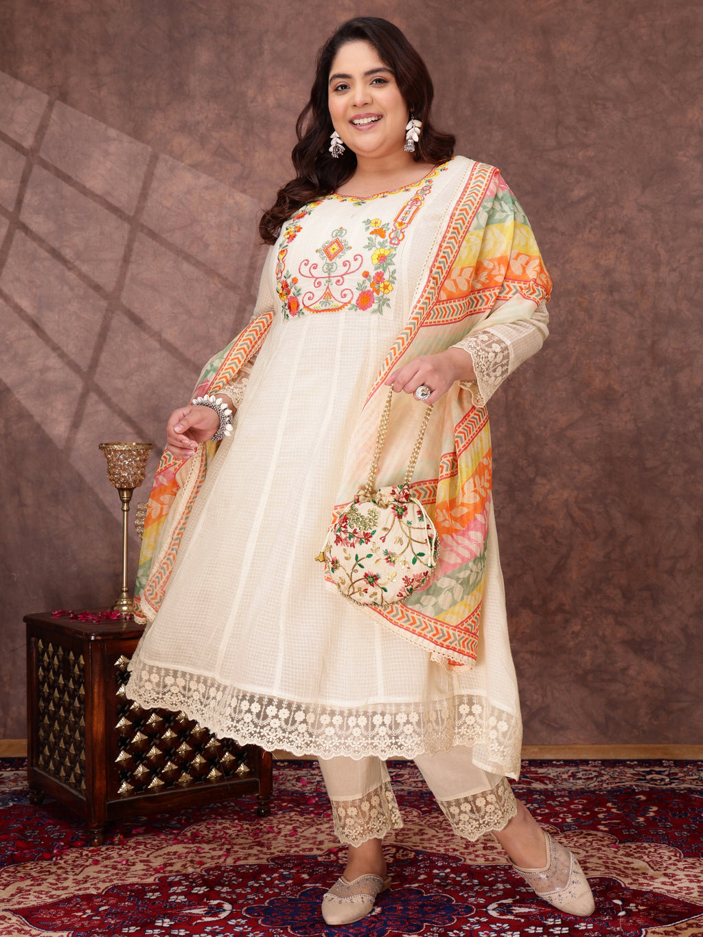 Women Floral Embroidered Thread Work Anarkali Kurta with Trousers & Dupatta - ID