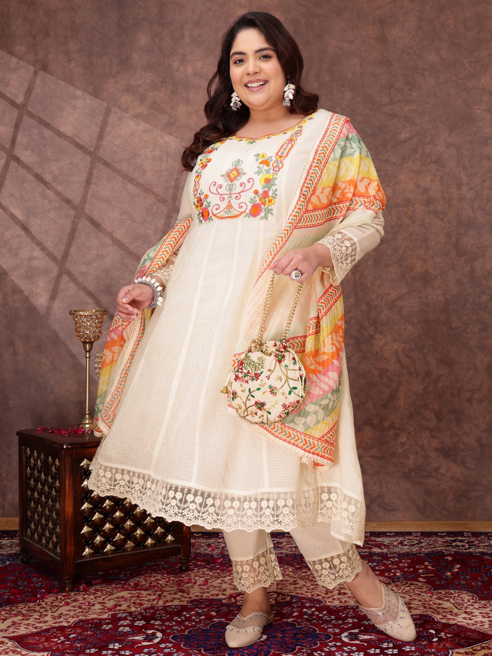 Women Floral Embroidered Thread Work Anarkali Kurta with Trousers & Dupatta - ID