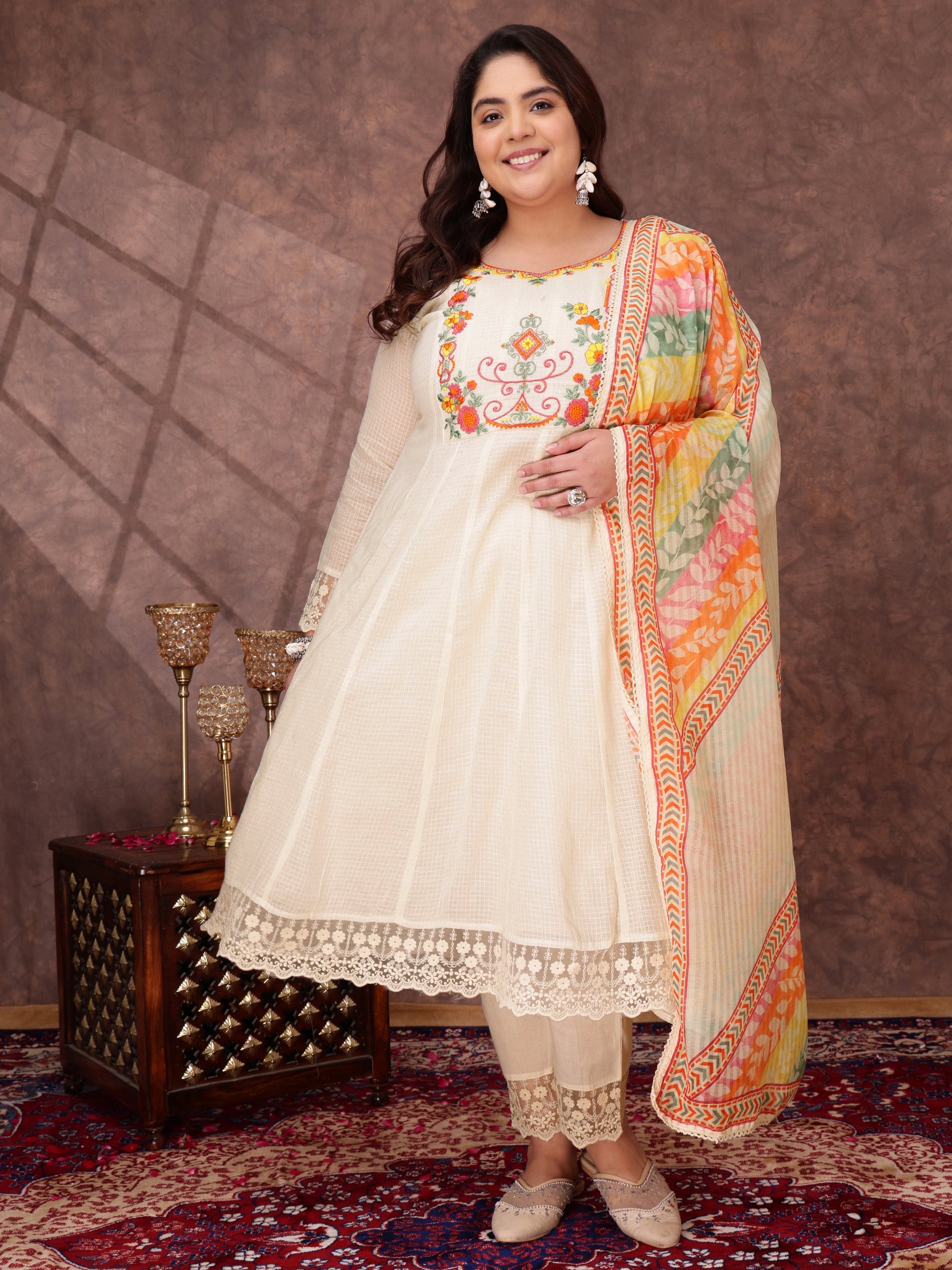 Women Floral Embroidered Thread Work Anarkali Kurta with Trousers & Dupatta - ID