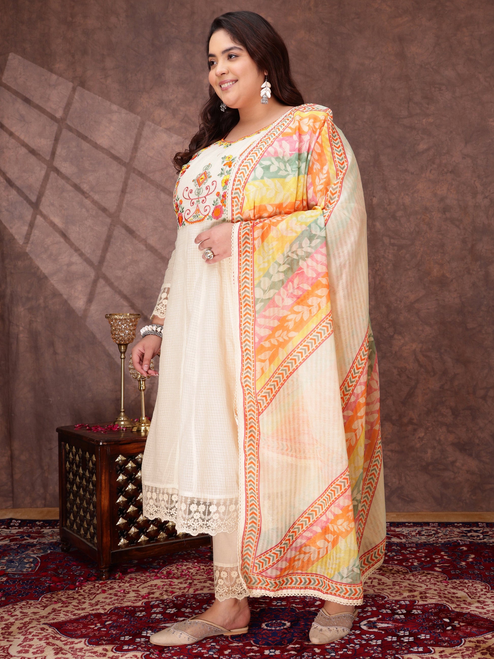 Women Floral Embroidered Thread Work Anarkali Kurta with Trousers & Dupatta - ID