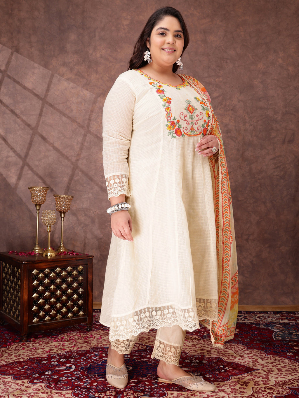 Women Floral Embroidered Thread Work Anarkali Kurta with Trousers & Dupatta - ID