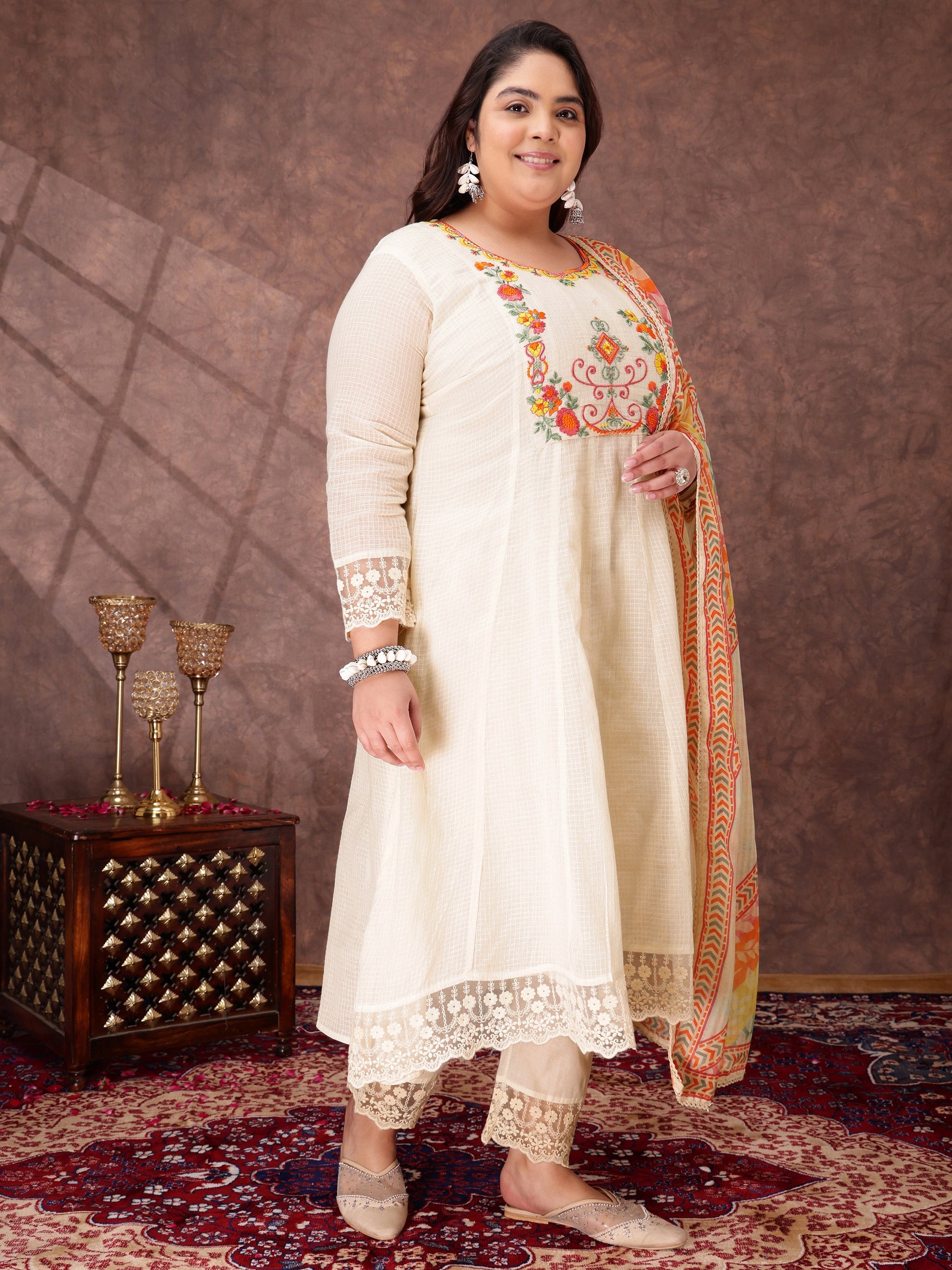 Women Floral Embroidered Thread Work Anarkali Kurta with Trousers & Dupatta - ID