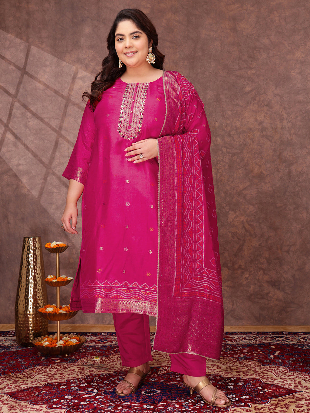 Women Floral Yoke Design Regular Sequinned Kurta with Trousers & With Dupatta - ID