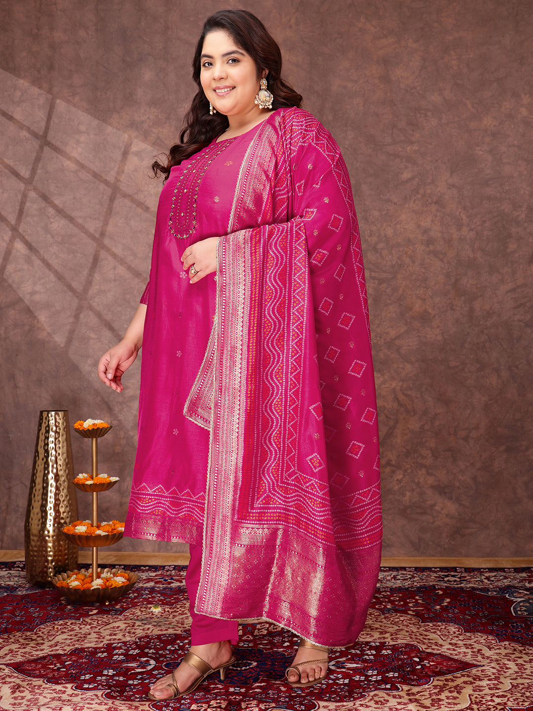 Women Floral Yoke Design Regular Sequinned Kurta with Trousers & With Dupatta - ID