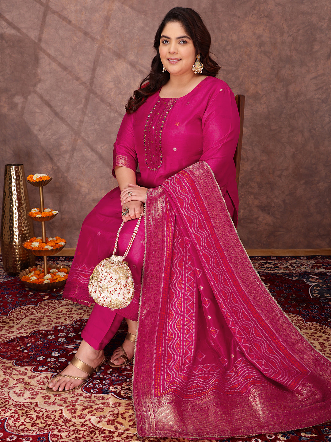 Women Floral Yoke Design Regular Sequinned Kurta with Trousers & With Dupatta - ID