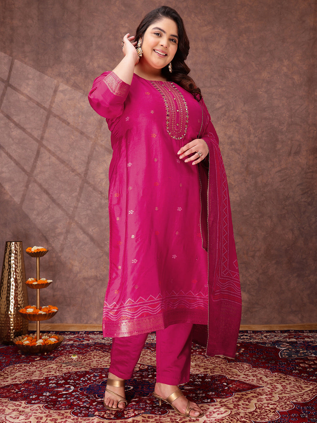 Women Floral Yoke Design Regular Sequinned Kurta with Trousers & With Dupatta - ID