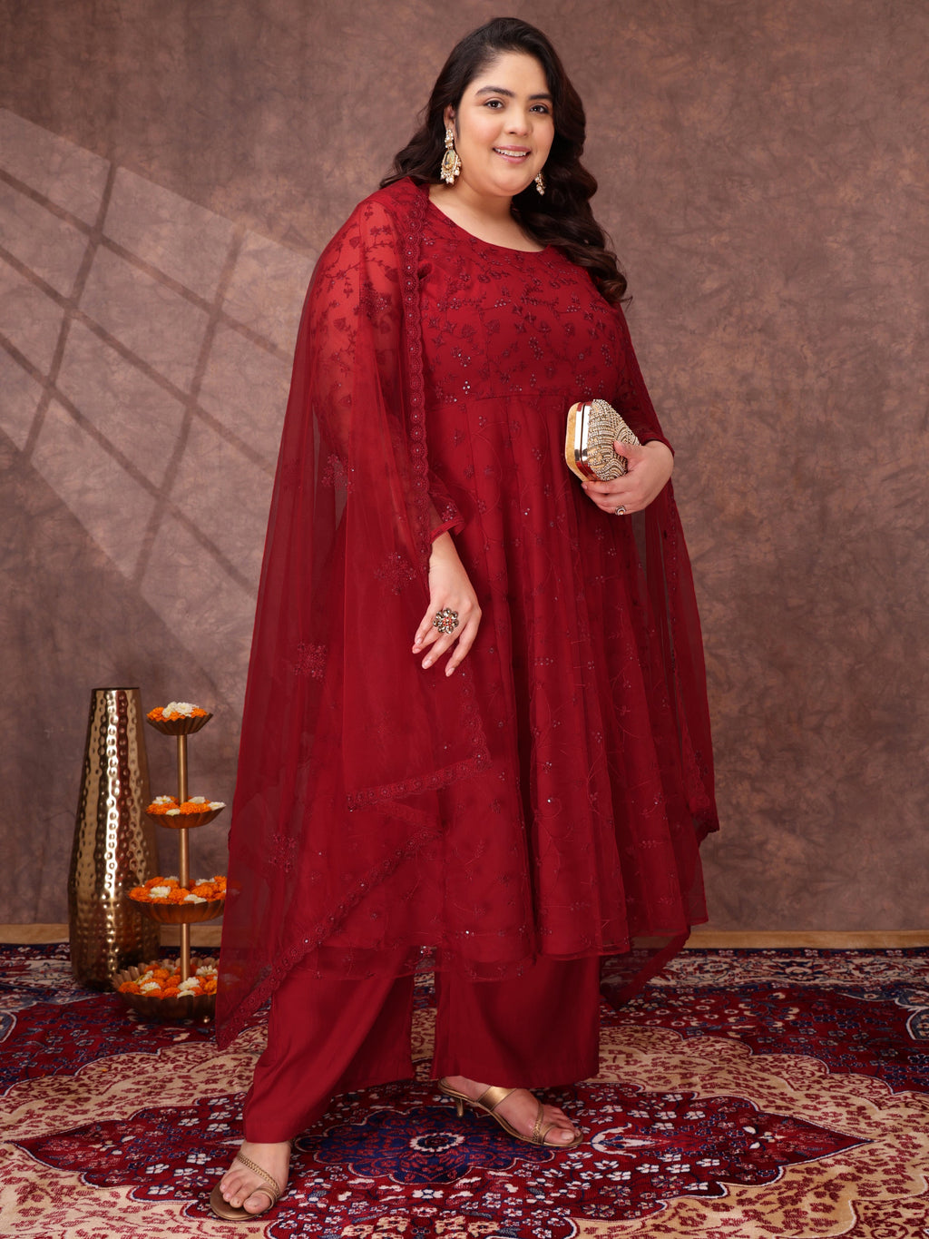 Women Floral Embroidered Thread Work Kurta with Palazzos & Dupatta - ID