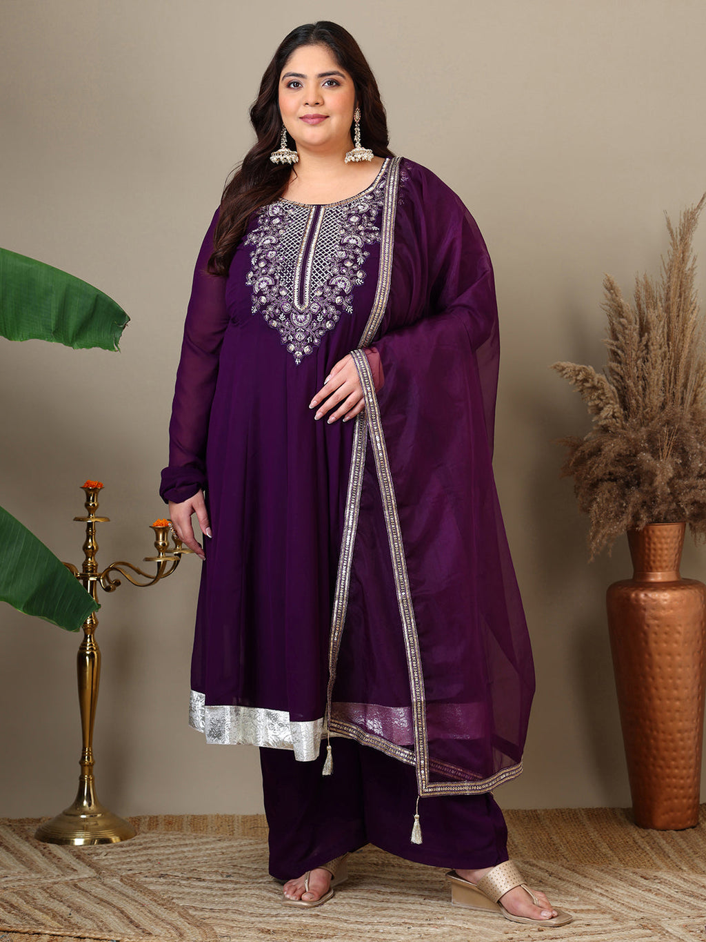 Women Plus Size Yoke Design Regular Thread Work Kurta with Palazzos & Dupatta - ID
