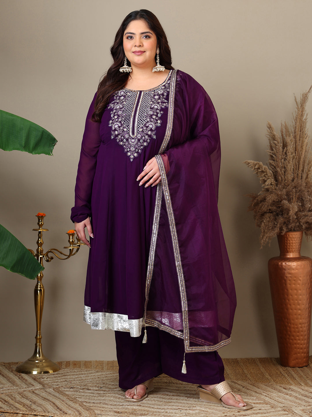 Women Plus Size Yoke Design Regular Thread Work Kurta with Palazzos & Dupatta - ID