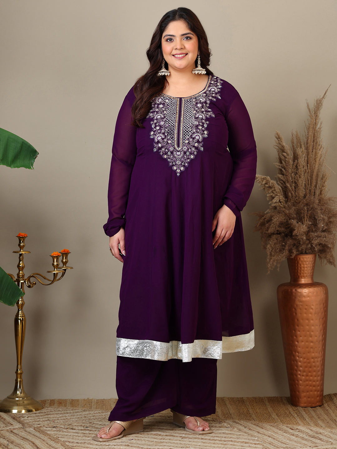 Women Plus Size Yoke Design Regular Thread Work Kurta with Palazzos & Dupatta - ID