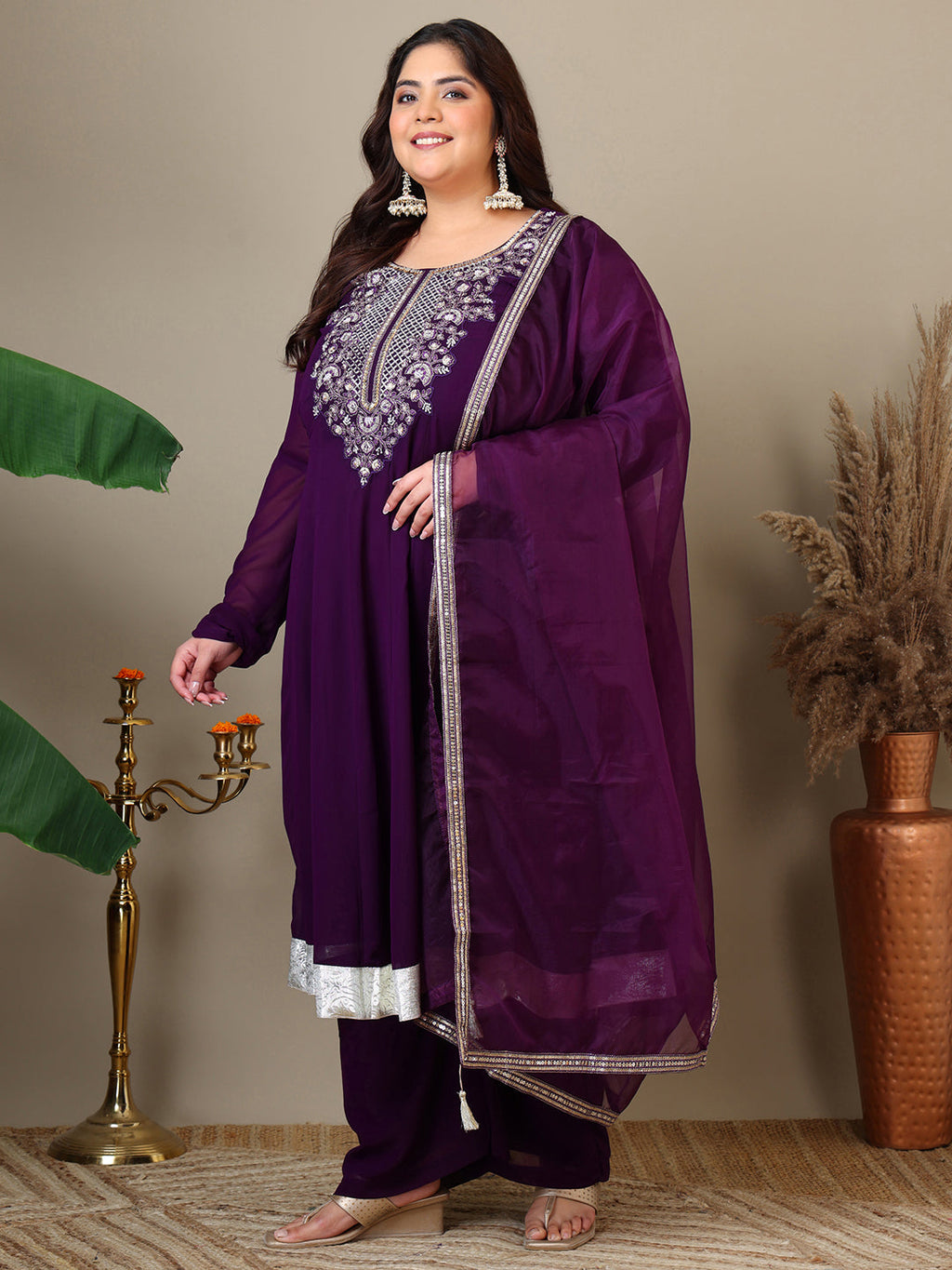 Women Plus Size Yoke Design Regular Thread Work Kurta with Palazzos & Dupatta - ID