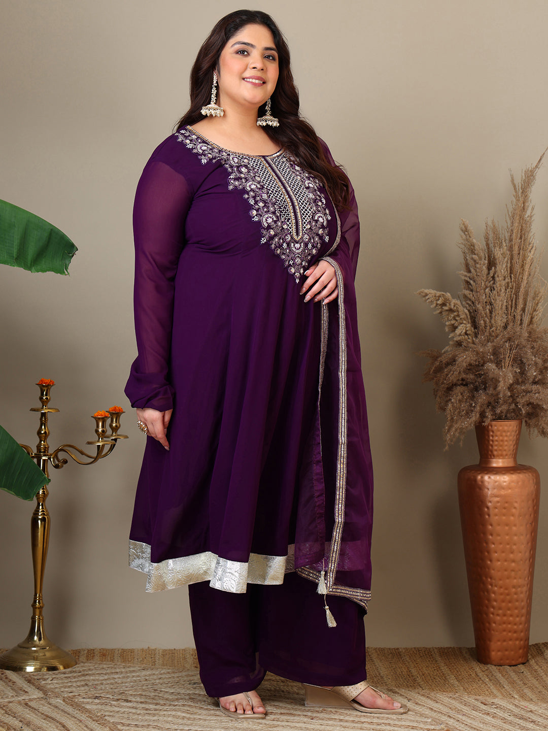 Women Plus Size Yoke Design Regular Thread Work Kurta with Palazzos & Dupatta - ID