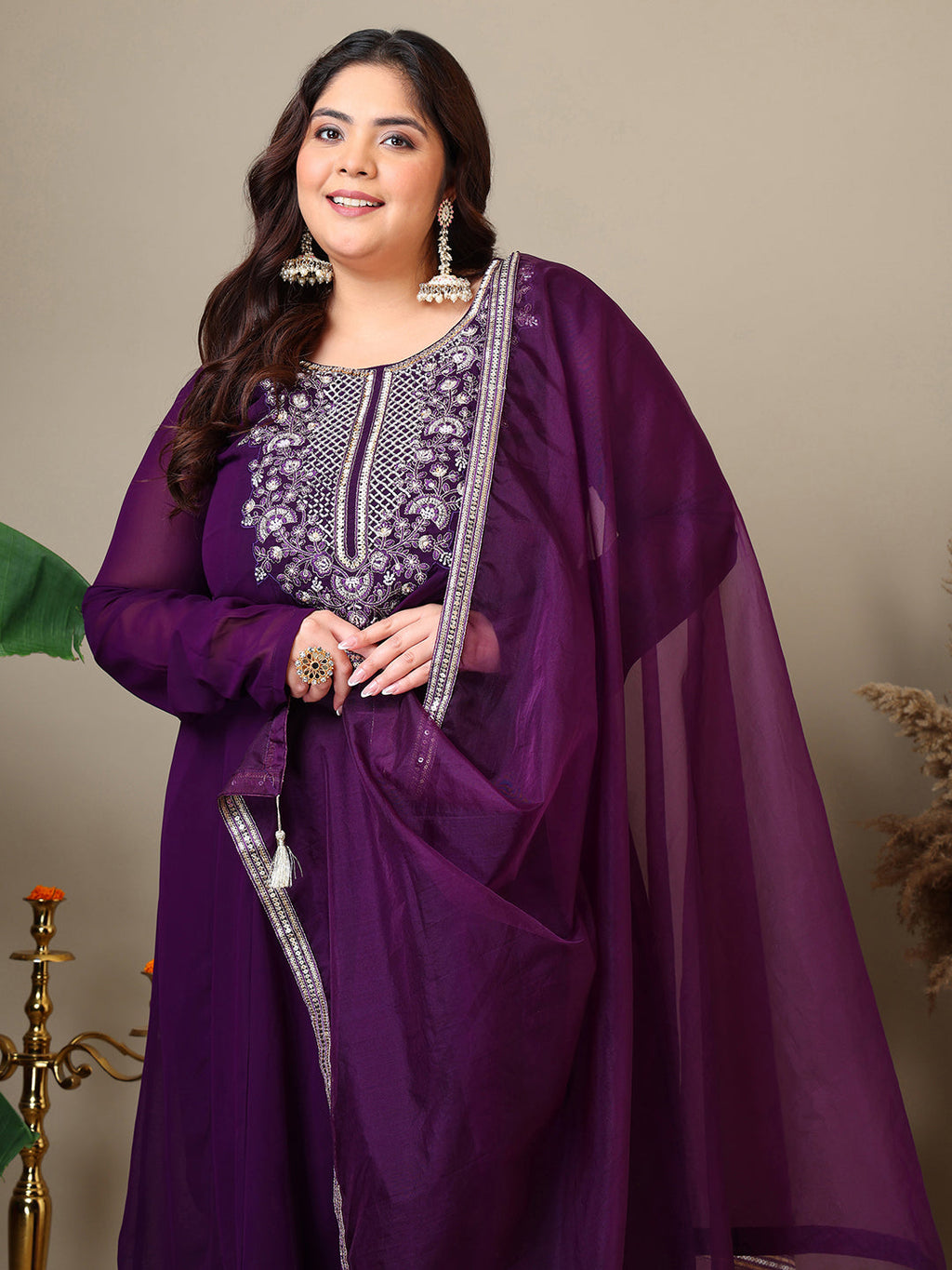 Women Plus Size Yoke Design Regular Thread Work Kurta with Palazzos & Dupatta - ID