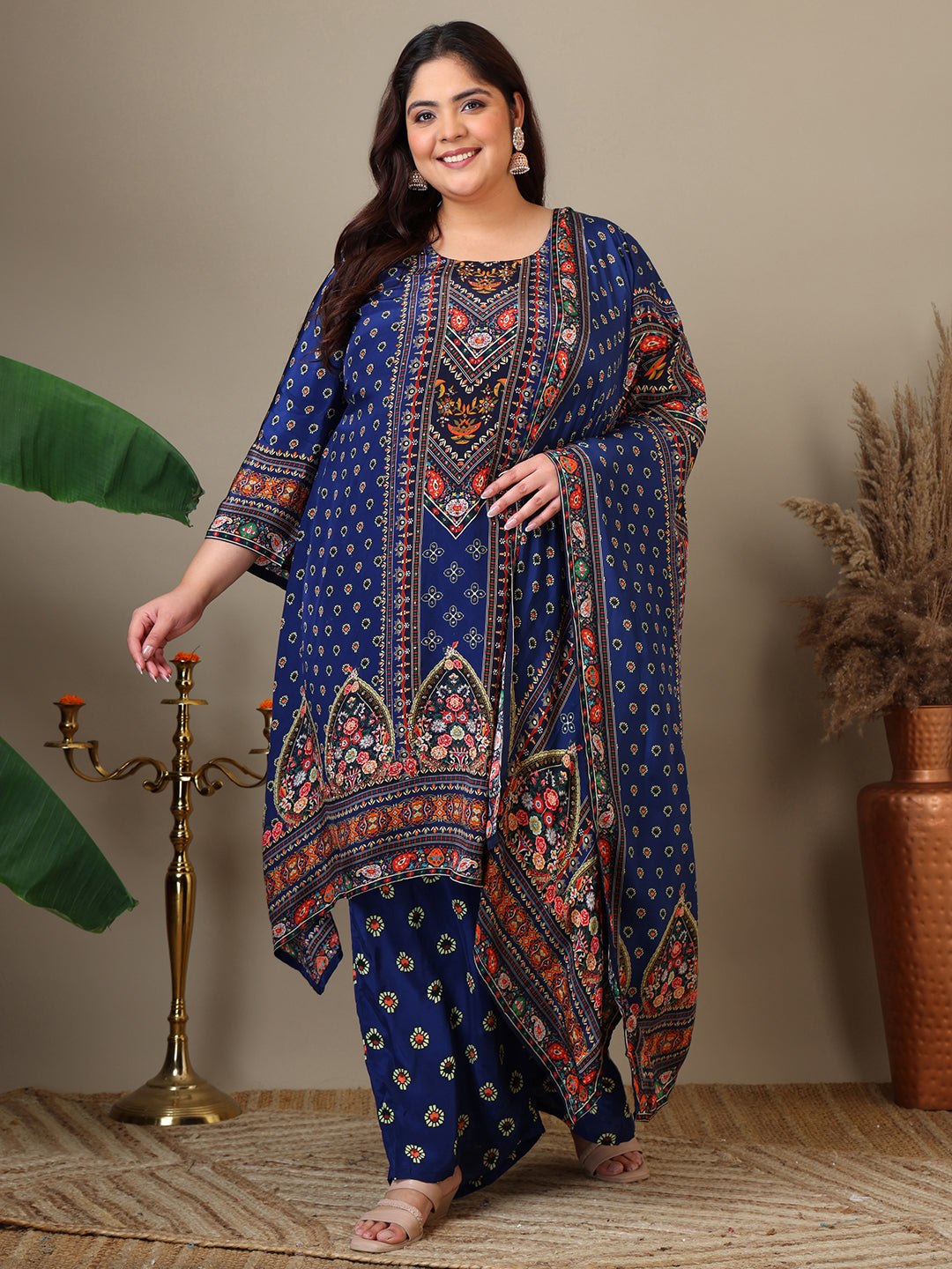 Women Plus Size Floral Printed Kurta with Palazzos & Dupatta - ID
