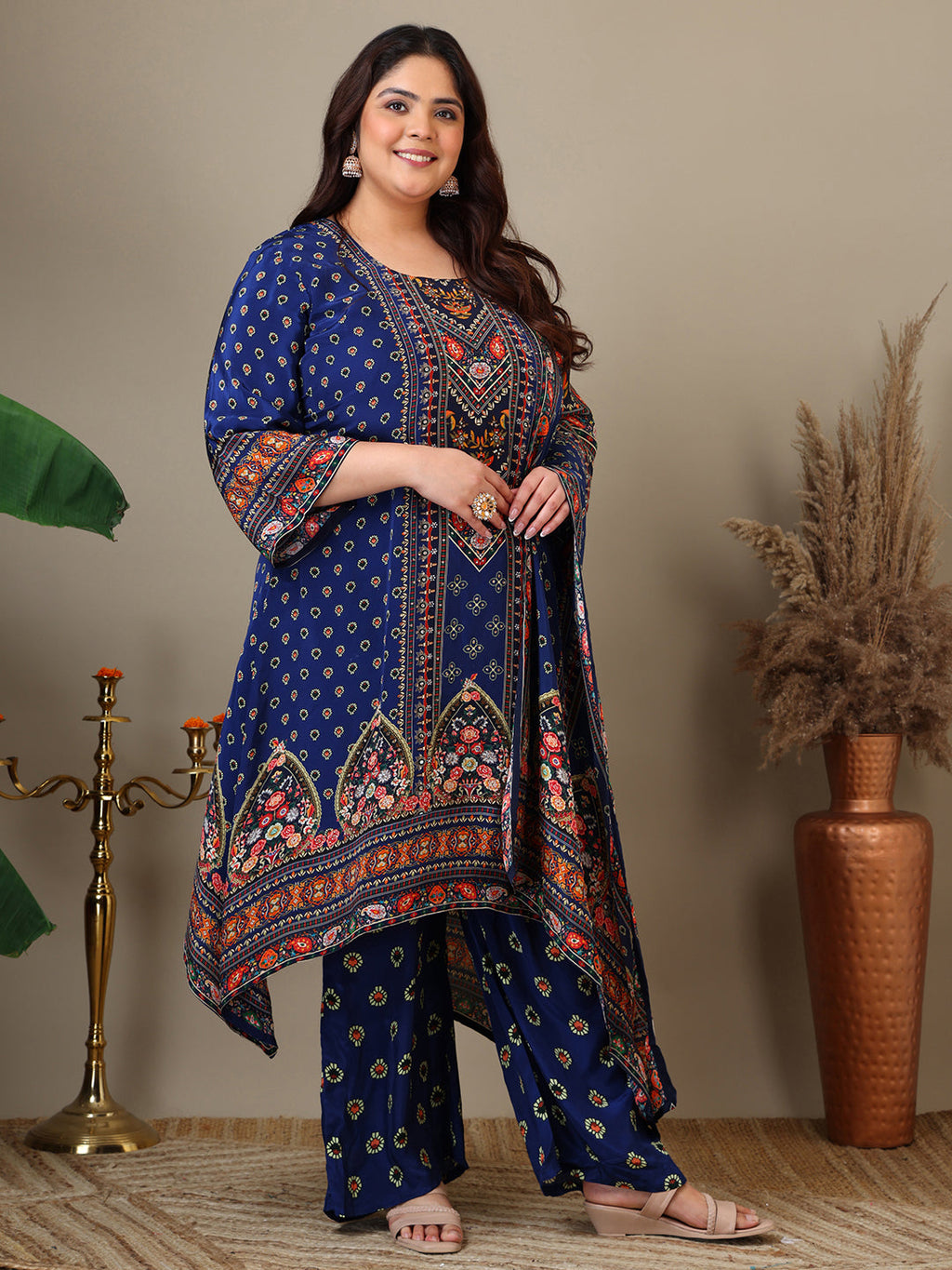 Women Plus Size Floral Printed Kurta with Palazzos & Dupatta - ID