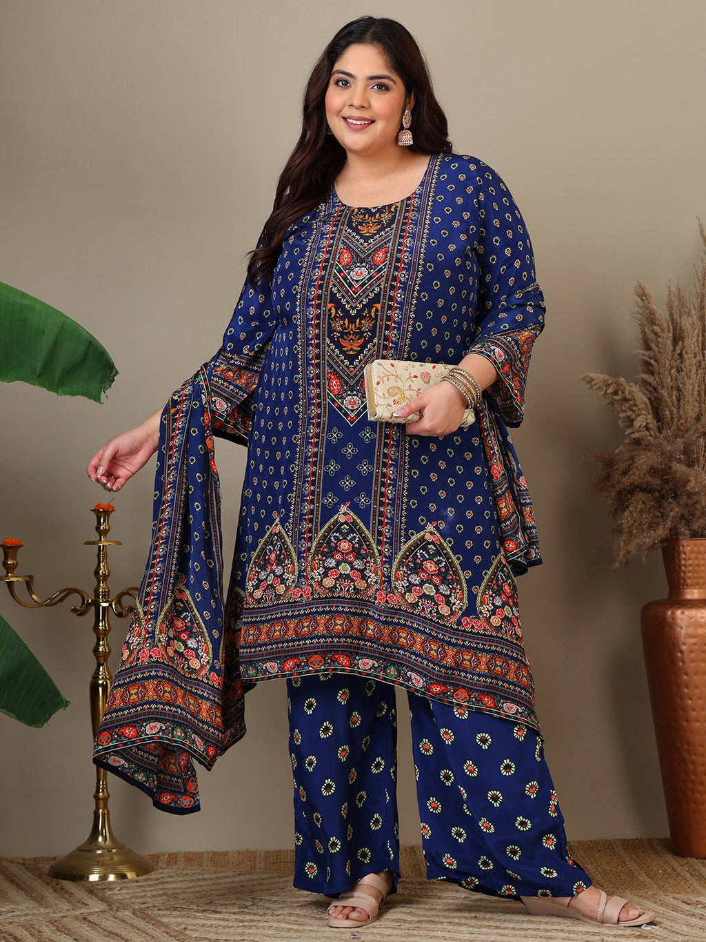 Women Plus Size Floral Printed Kurta with Palazzos & Dupatta - ID