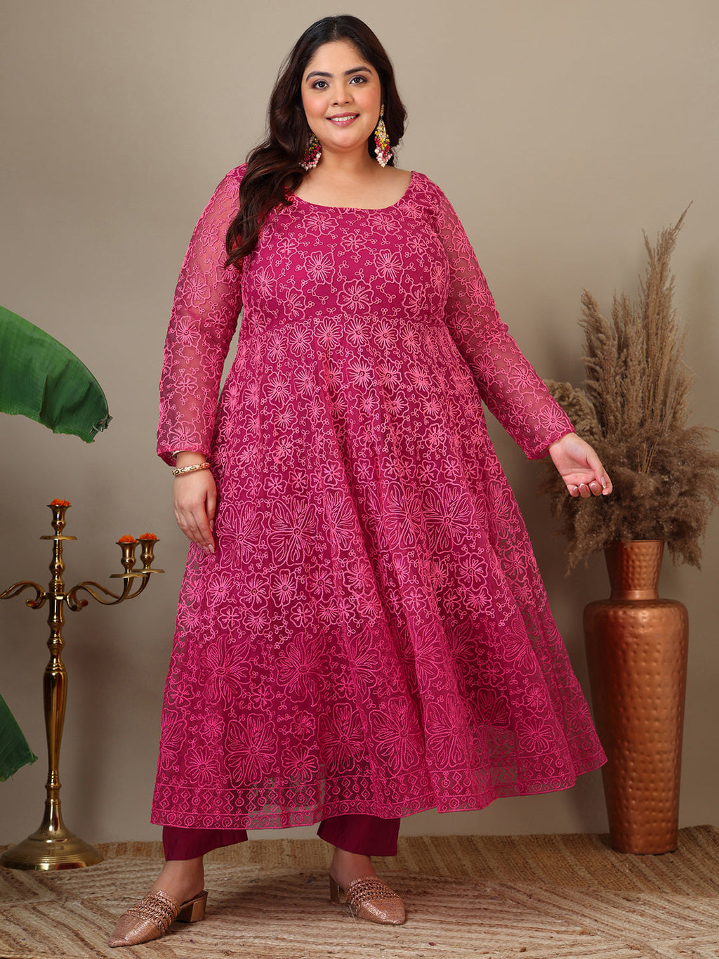 Women Plus Size Floral Embroidered A-Line Kurta with Trousers & Dupatta - ID
