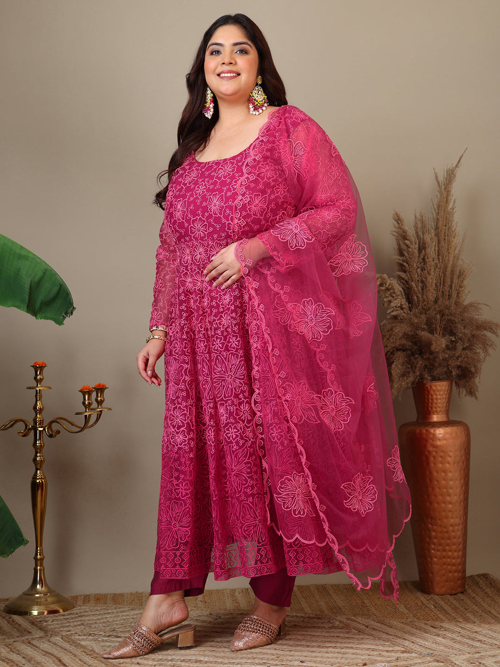 Women Plus Size Floral Embroidered A-Line Kurta with Trousers & Dupatta - ID
