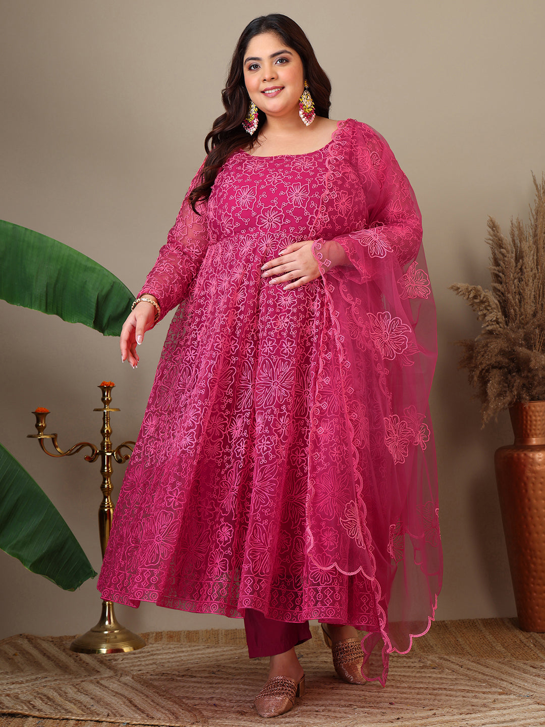 Women Plus Size Floral Embroidered A-Line Kurta with Trousers & Dupatta - ID