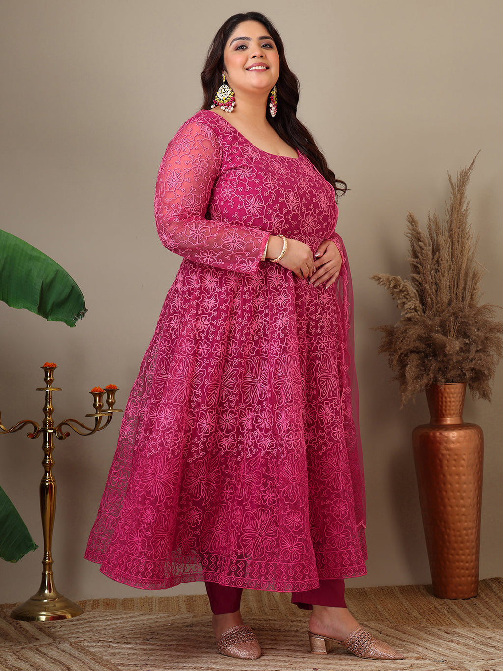 Women Plus Size Floral Embroidered A-Line Kurta with Trousers & Dupatta - ID