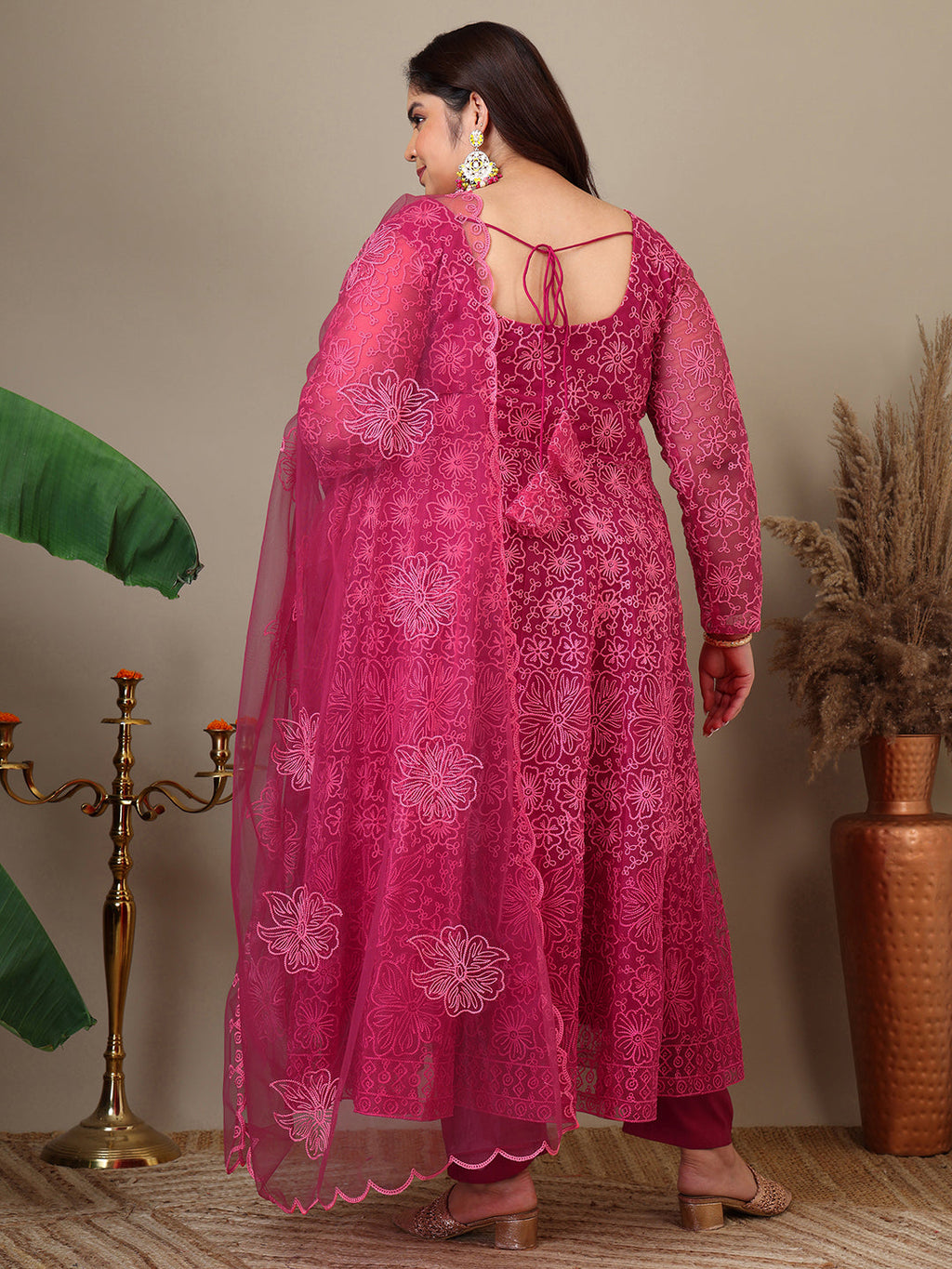 Women Plus Size Floral Embroidered A-Line Kurta with Trousers & Dupatta - ID
