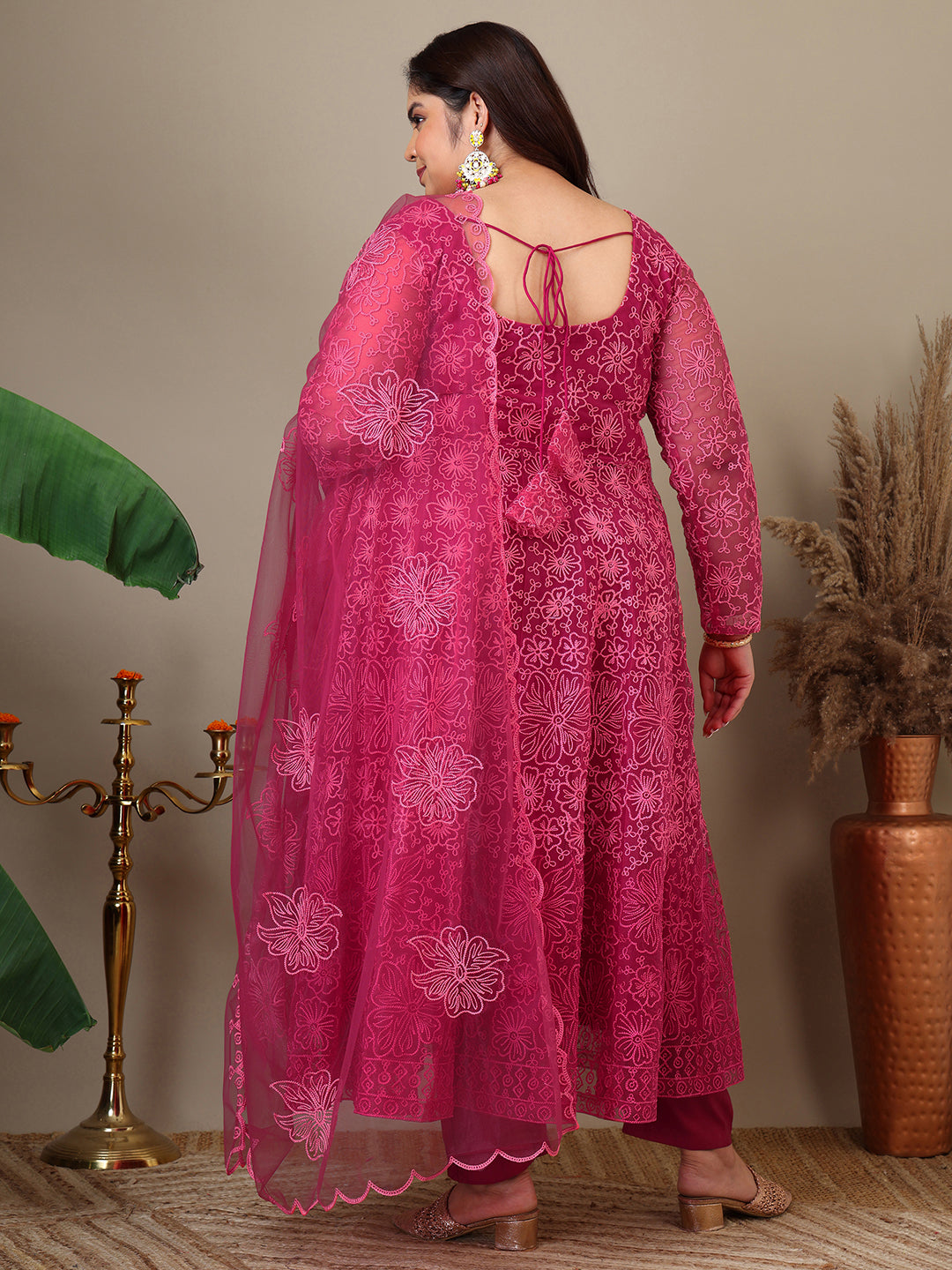 Women Plus Size Floral Embroidered A-Line Kurta with Trousers & Dupatta - ID