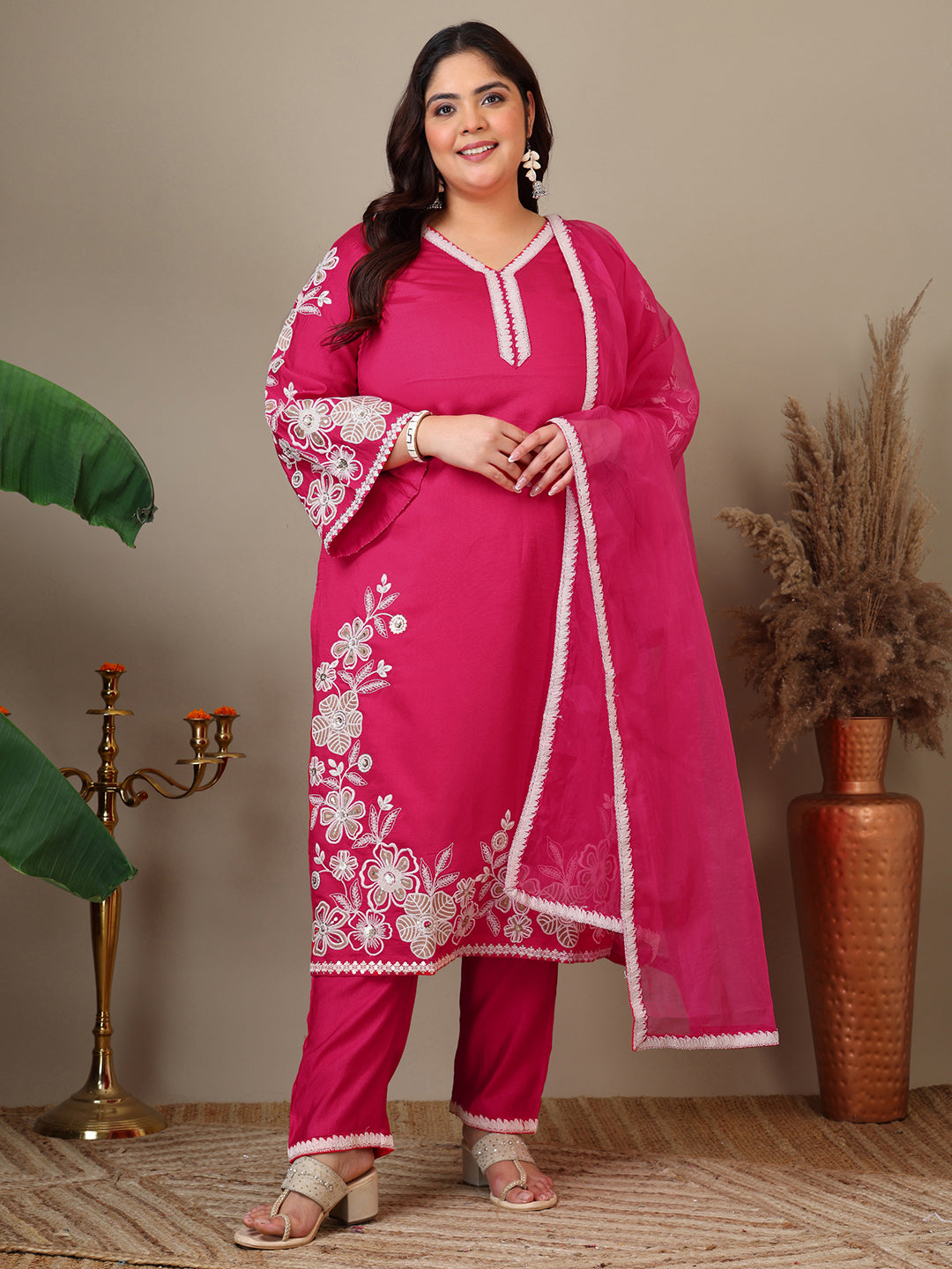 Women Plus Size Floral Embroidered Thread Work Kurta with Trousers & Dupatta - ID