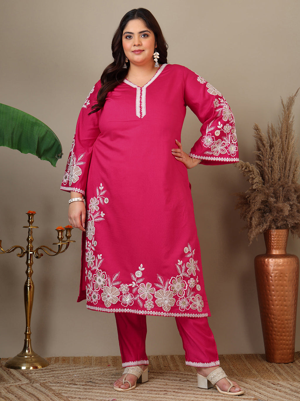Women Plus Size Floral Embroidered Thread Work Kurta with Trousers & Dupatta - ID