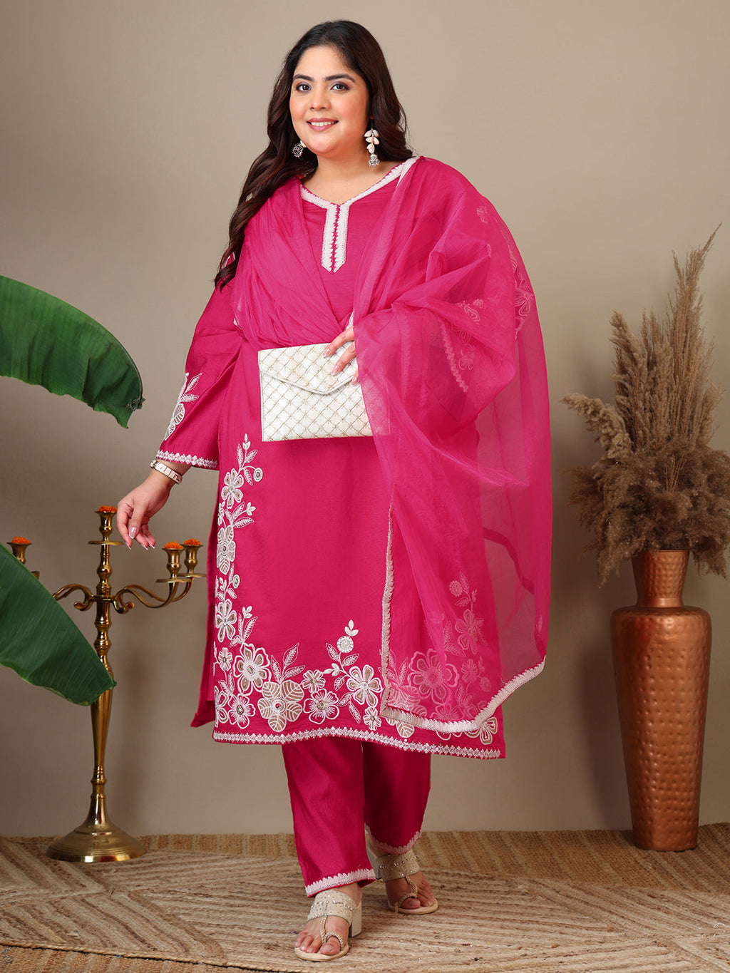 Women Plus Size Floral Embroidered Thread Work Kurta with Trousers & Dupatta - ID