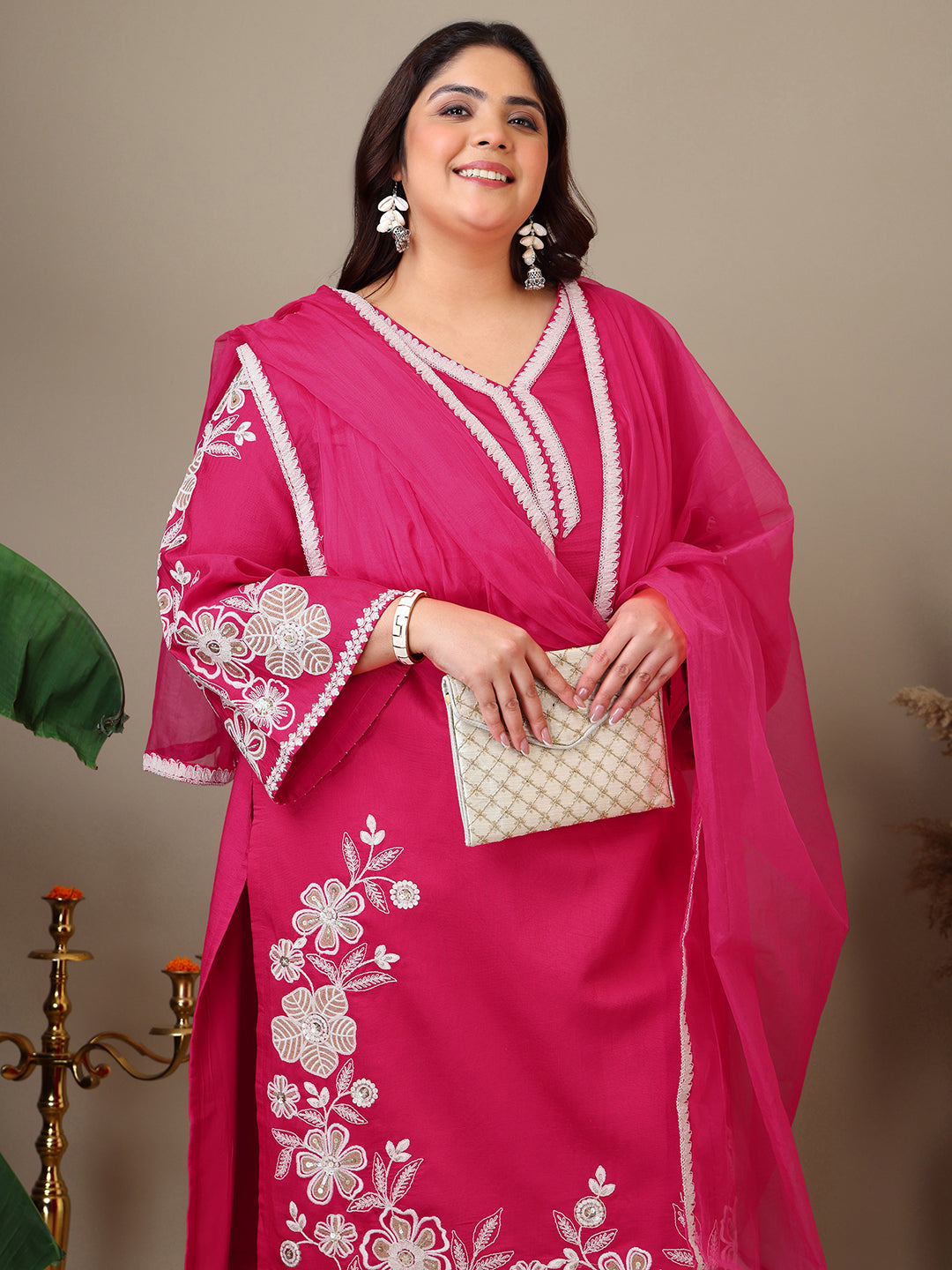 Women Plus Size Floral Embroidered Thread Work Kurta with Trousers & Dupatta - ID