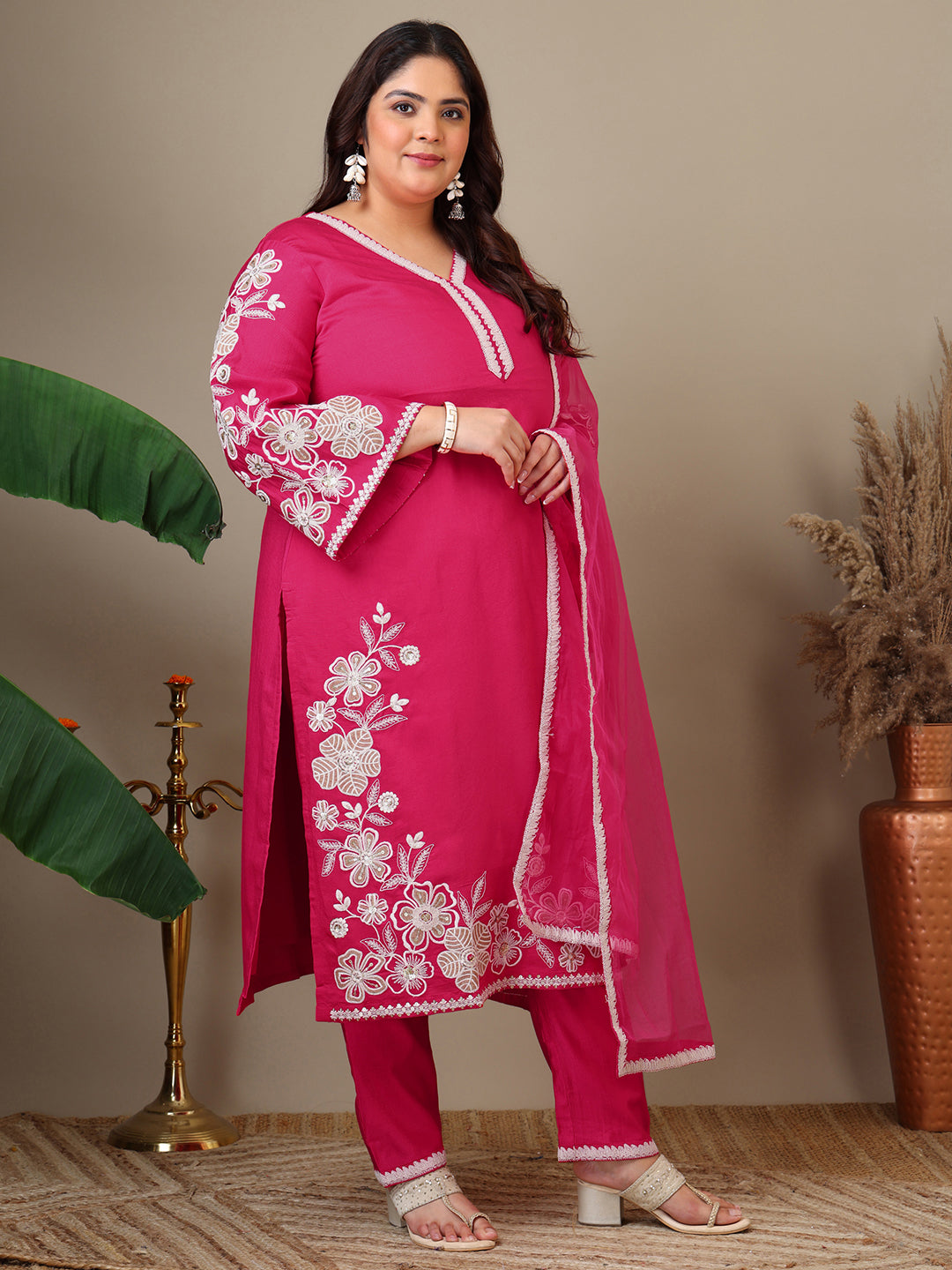 Women Plus Size Floral Embroidered Thread Work Kurta with Trousers & Dupatta - ID