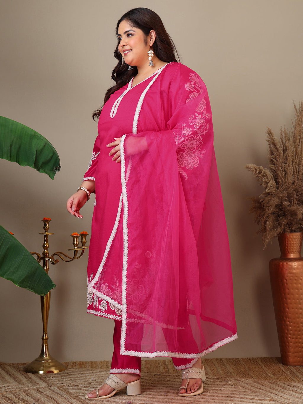 Women Plus Size Floral Embroidered Thread Work Kurta with Trousers & Dupatta - ID