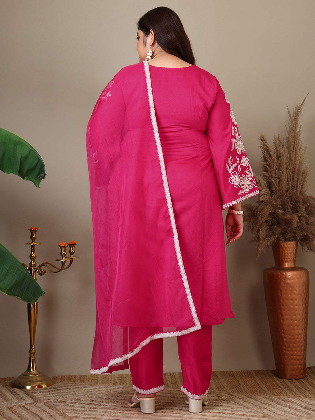Women Plus Size Floral Embroidered Thread Work Kurta with Trousers & Dupatta - ID