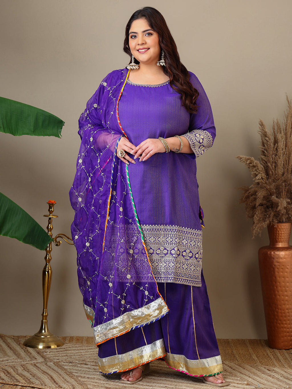Women Plus Size Ethnic Motifs Embroidered Kurta with Sharara & Dupatta - ID